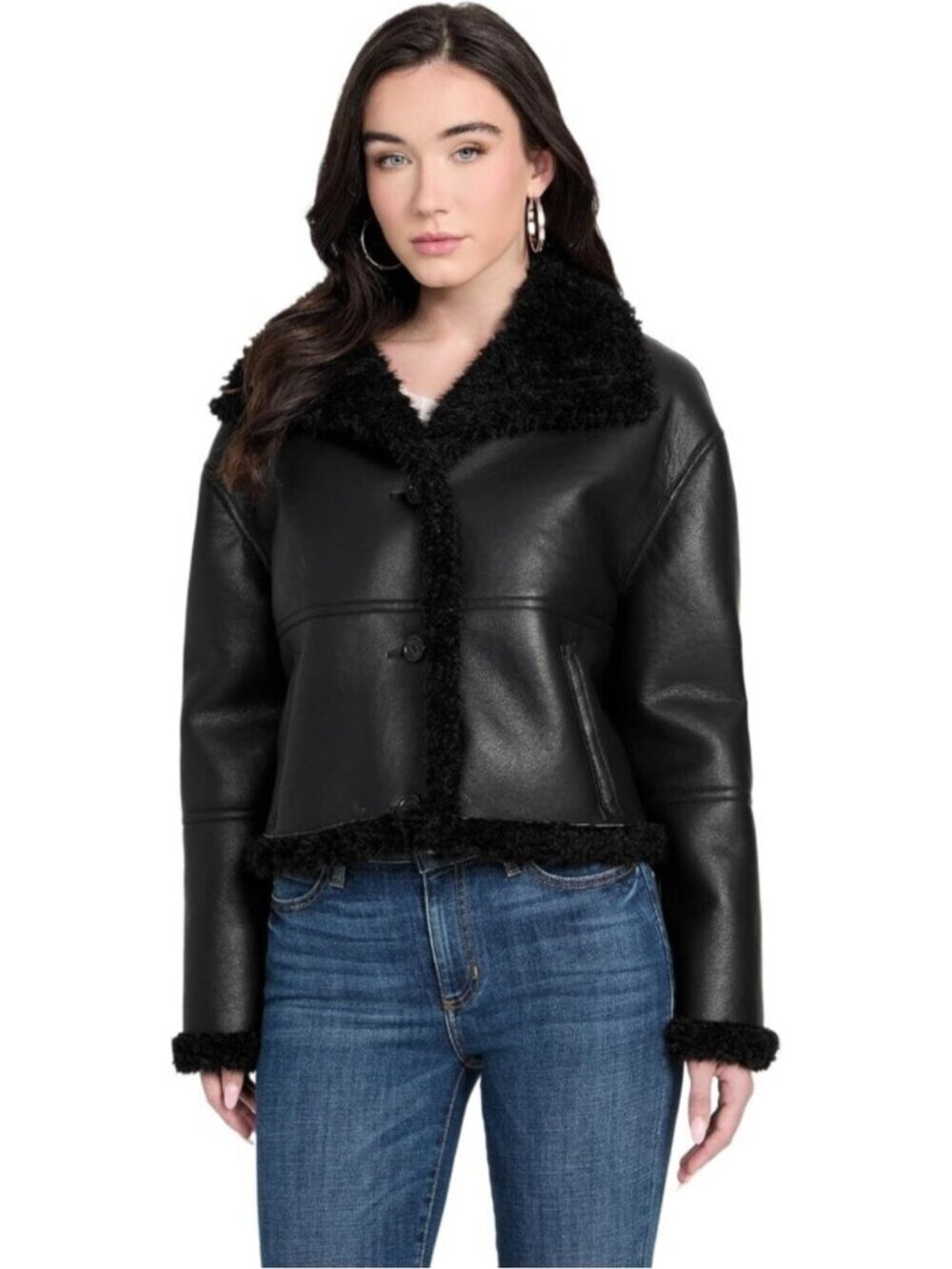 Women's Jet Black Funnel Neck Terry Crop Faux Shearling Classic Lined Jackets